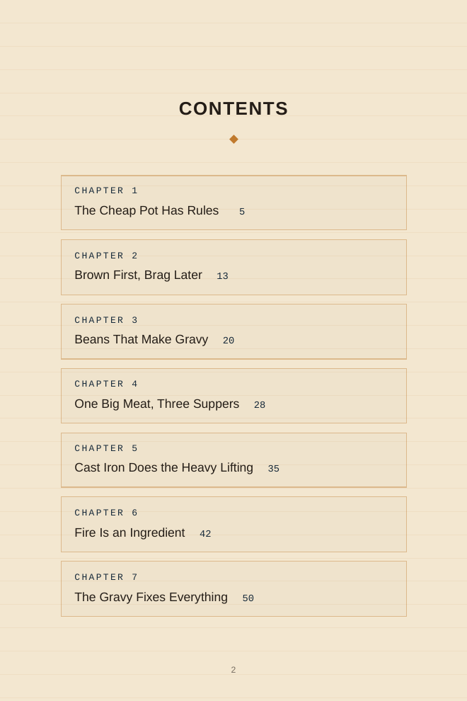 Interior page preview from Cheap Food Acts Rich showing browning and flavor building