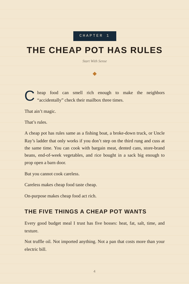 Interior page preview from Cheap Food Acts Rich showing cast iron and backyard cooking advice
